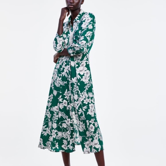 Zara Dresses Zara Bold Green Floral Midi Shirt Dress Poshmark